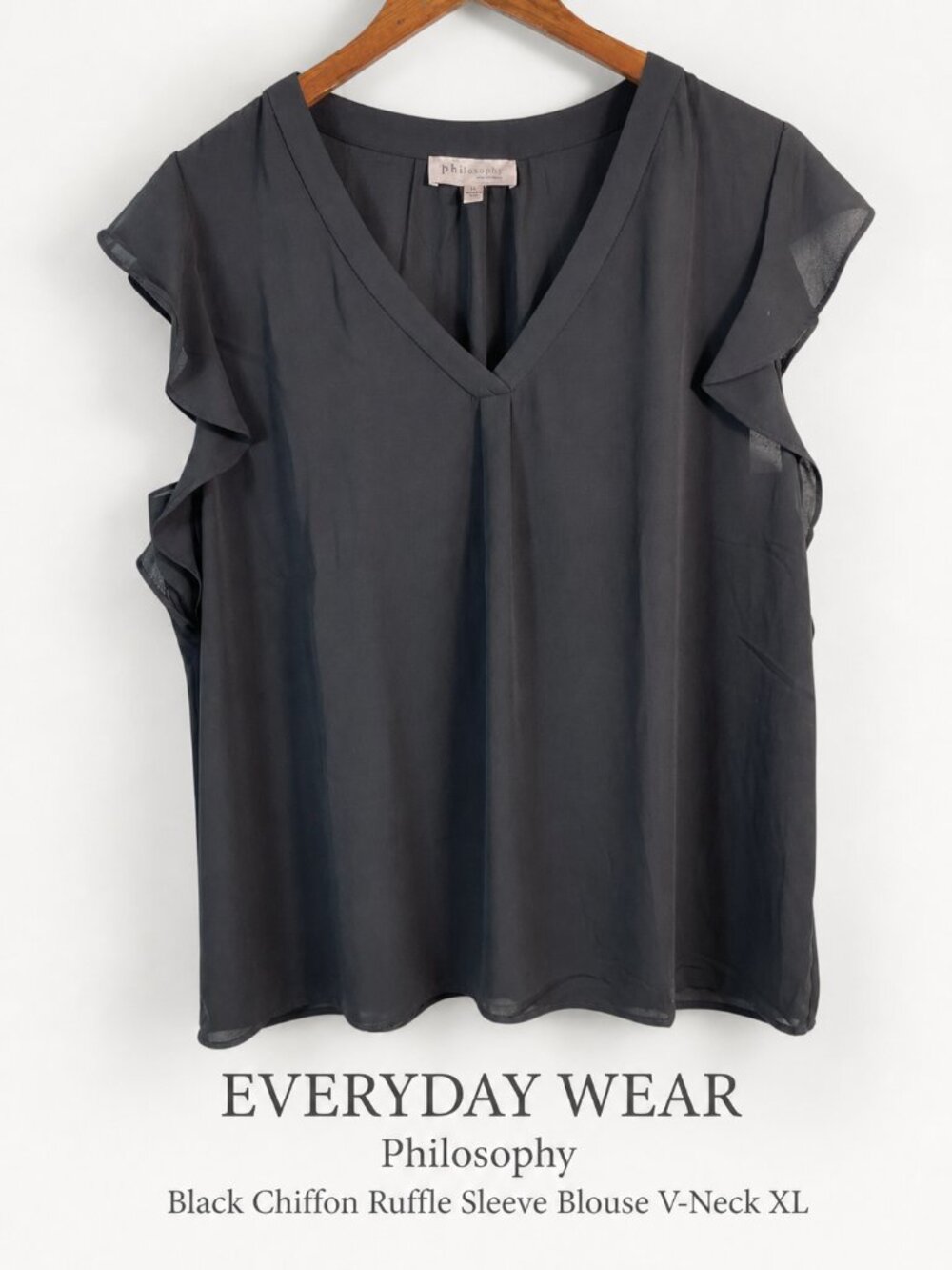Philosophy Black Chiffon Ruffle Sleeve Blouse V-Neck XL Flowy Top